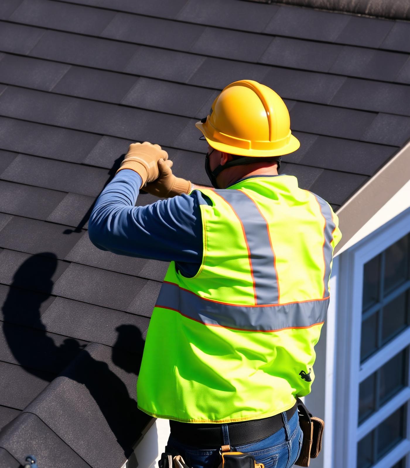 Professional roofer installing shingles